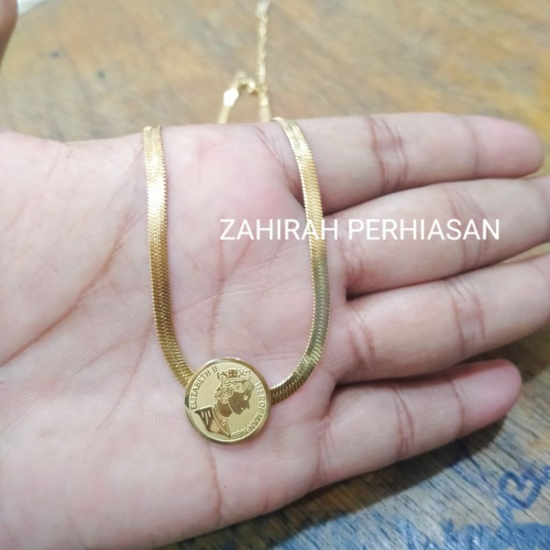 KALUNG WANITA TITANIUN LIONTIN COIN ELIZA BEAT ASLI TIDAK LUNTUR