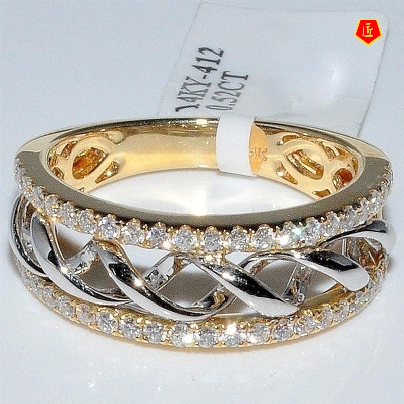 [Ready Stock]18K Gold Split Two-Tone Diamond Ring Fashion All-Match Women's