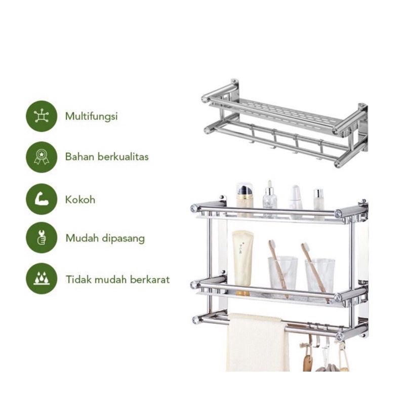 Rak Handuk Stainless Steel Rak Kamar Mandi Rak Sabun 2 Tingkat