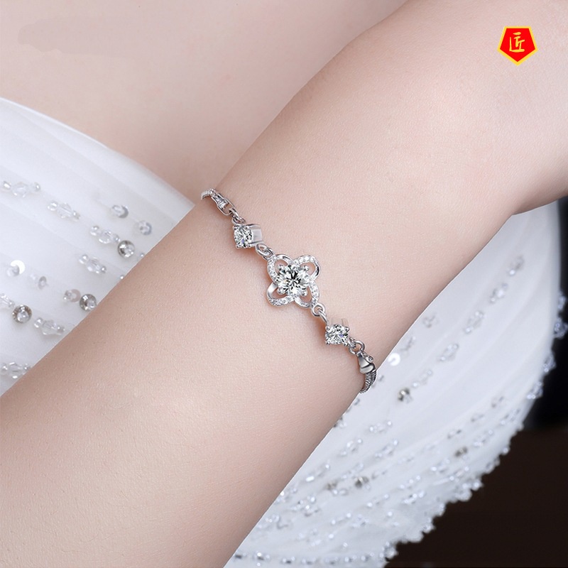 [Ready Stock]Fashion Diamond Silver Clover Bracelet