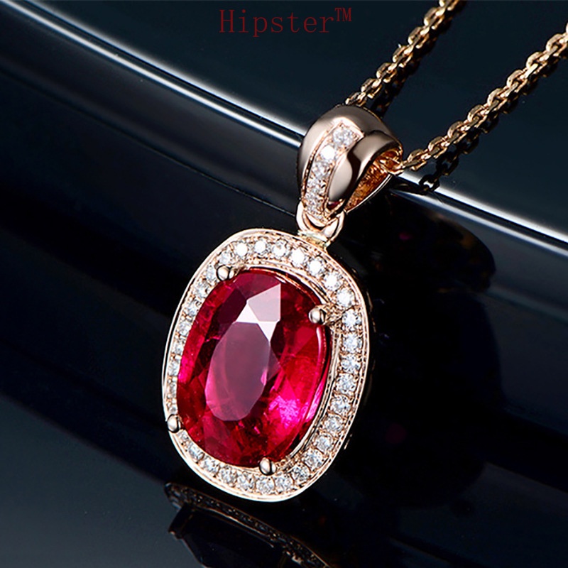 Fashionable Elegant Oval Ruby Pendant Rose Gold Necklace