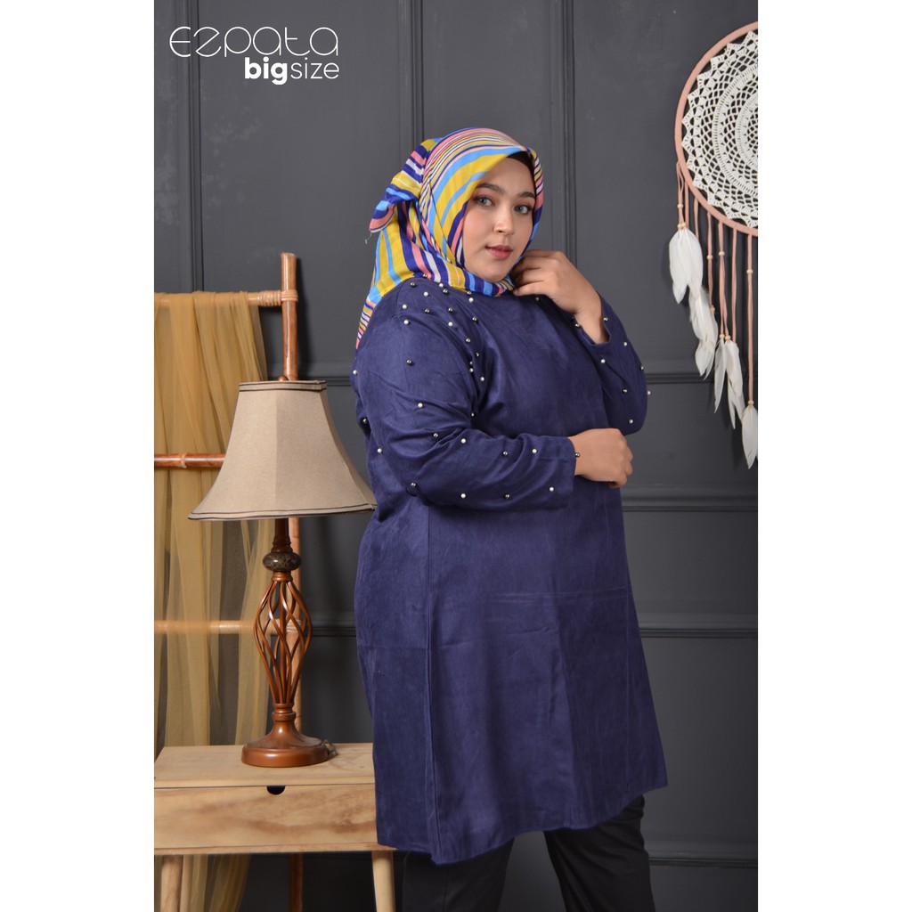 Atasan Wanita Tunik Big size Pesta Formal Jumbo Lengan Panjang Aksen Mutiara LD 130 Bahan Suede Model Terbaru