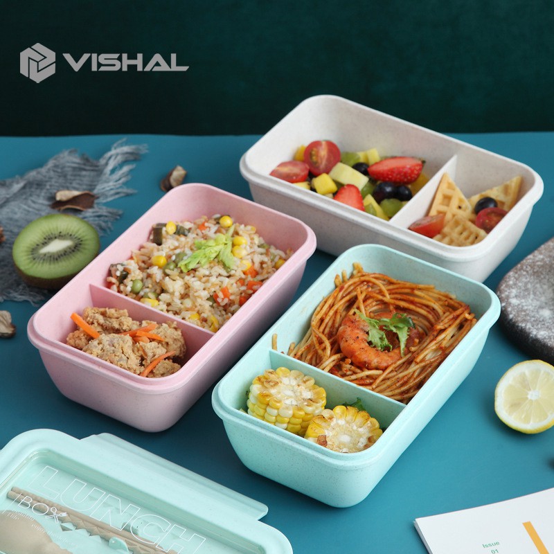 VISHAL Disegel Kotak Makan/Tempat Makan Dan Sendok WHEAT STRAW GANDUM 4 In 1 Lunch Box VS-36