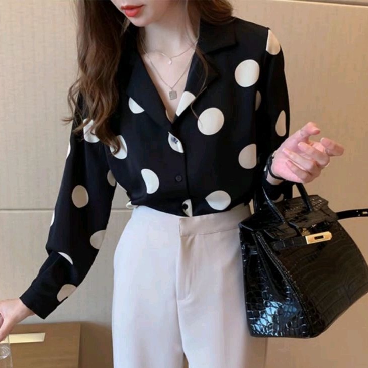 8380 Baju atasan kemeja blouse kerja motif polkadot hitam Korean style wanita import baju atasan kem