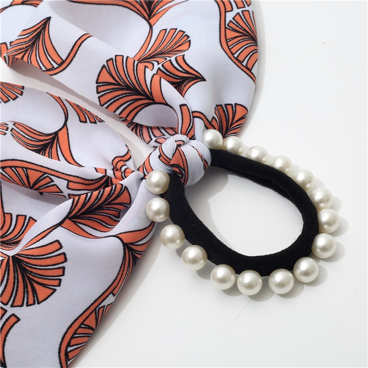 Ikat Rambut Mutiara Pita Satin Kuncir Korea Mutiara Scrunchie Jurai Panjang Pearl Silk Scarf Ribbon Hair Ring
