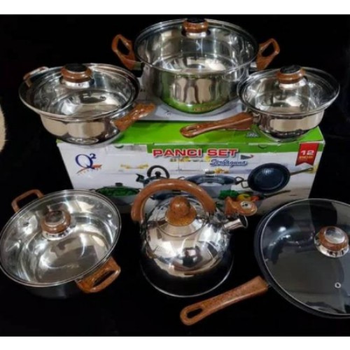 Panci Wajan Teko set 12pcs Stainless steel with tutup kaca merk 8212 8213