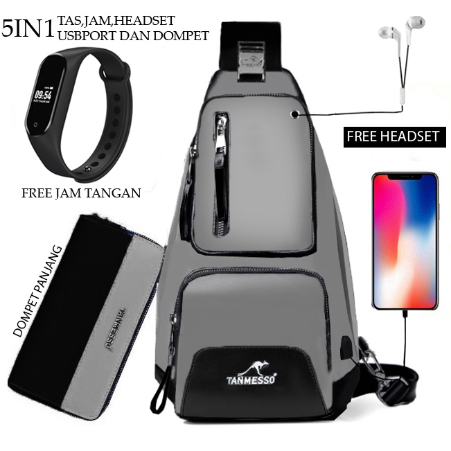 TANMESSO 5IN1 BAYAR DITEMPAT-BONUS JAM LED,DOMPET &amp; USBPORT&amp;HEADSET-tas selempang waterproof