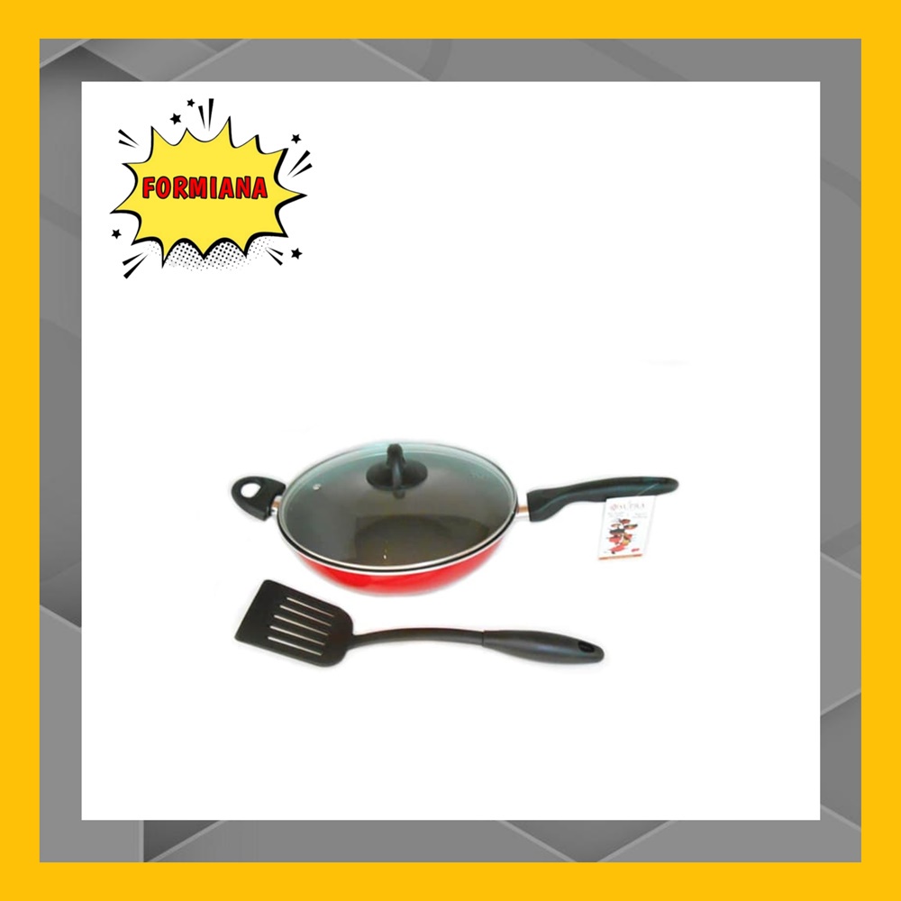 FM - Supra Wajan Stir Wok Glass 32 cm + Tutup Kaca FREE Spatula | Penggorengan anti lengket