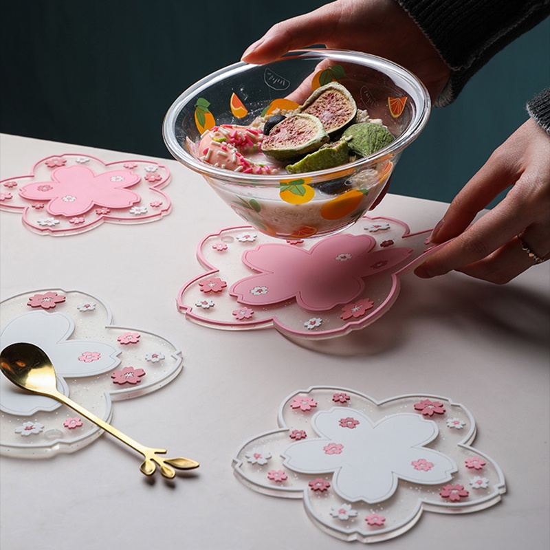 Alas Piring / Wadah Makanan Dengan Bahan Silikon Non-slip Dan Insulasi Thermal Gambar Bunga Sakura