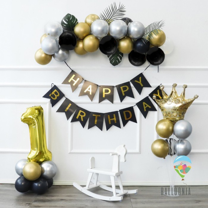 Paket dekorasi Foil Balloon Simple Crown Birthday, Balon Ulang Tahun - ANGKA 1, DENGAN STANDING sudah termasuk jasa pasang