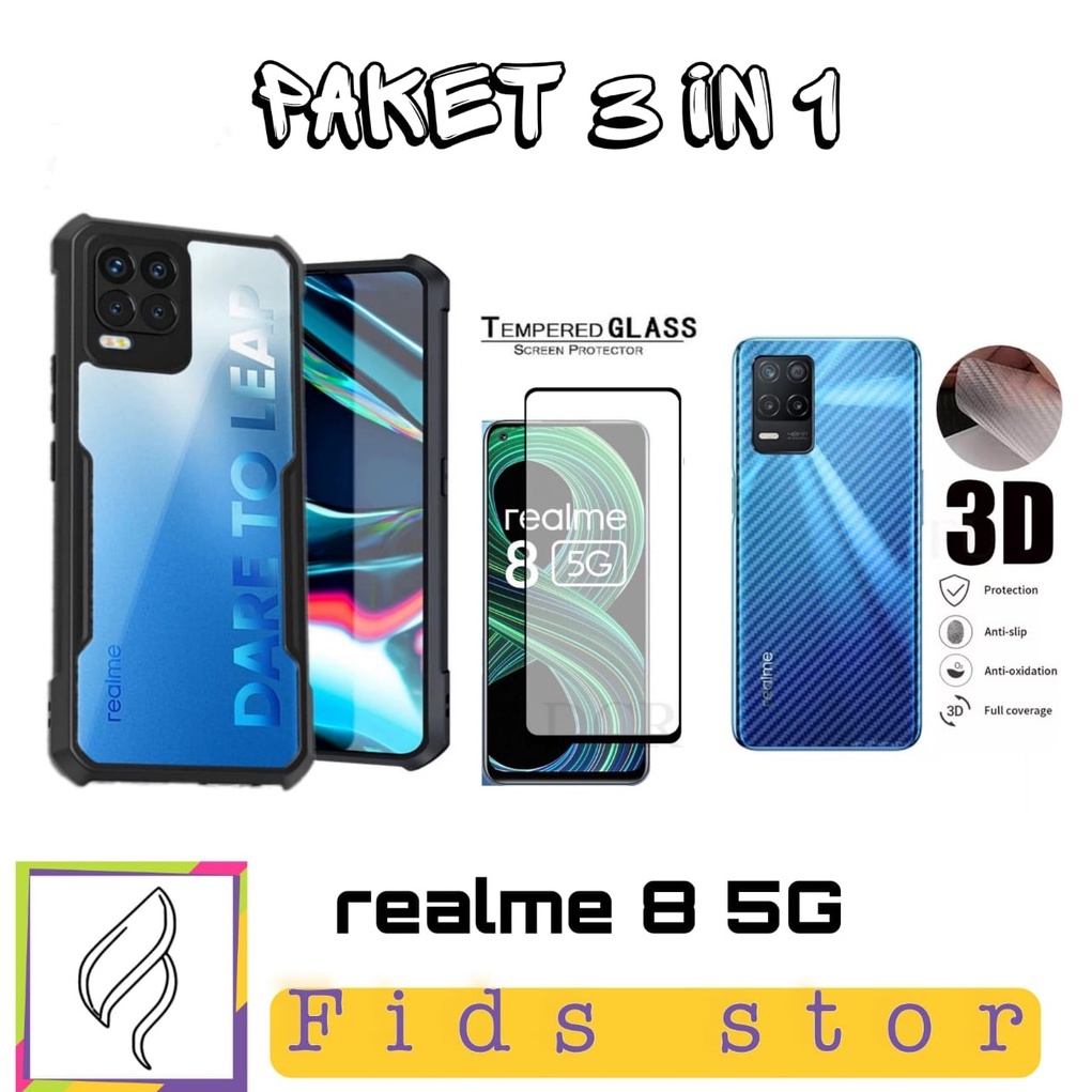 PROMO 3in1 CASE SHOCKPROOF + TEMEPERED GLASS FULL COVER BLACK + GARSKIN CARBON For Realme 8 5G