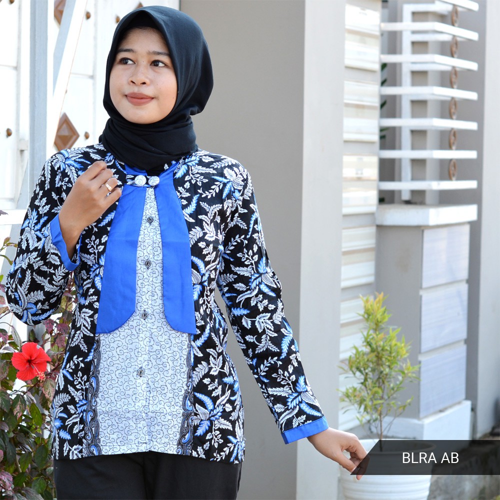 Trolis Grosir Batik Wanita Motif Kembang Pancal  Blarak Biru Hijau Lengan Panjang Cewek Blra Aa