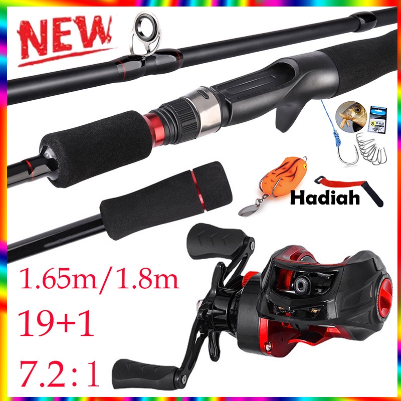 Carbon Fiber Baitcasting Fishing Rod Metal Max Drag 10kg Fishing Reel Set Joran Pancing GR7.2:1 19+1BB Reel Pancing 2 Sections 1.65m 1.8m  Fishing Wheel Fishing Pole Senar Pancing Fishing Combo Casting Reel Gear Saltwater Freshwater Fishing lover