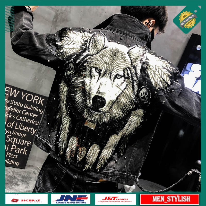 Jaket Denim Pria Original Premium New  Punk Style Novel Wolf Embroidered Rivet Jean Jacket Men Denim