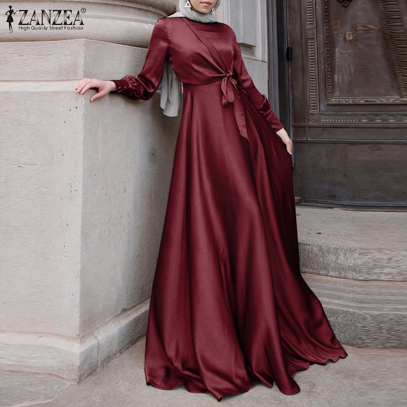 ZANZEA Women Party Gown Long Sleeve Satin Dress Elegant Ladies Maxi Dress