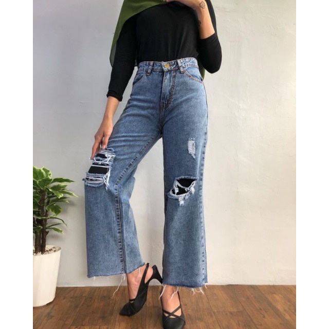 TRIVELA Labela Ripped Furing Jeans Cullote / Kulot Jeans Wanita Rawis Sobek Lapis Hitam