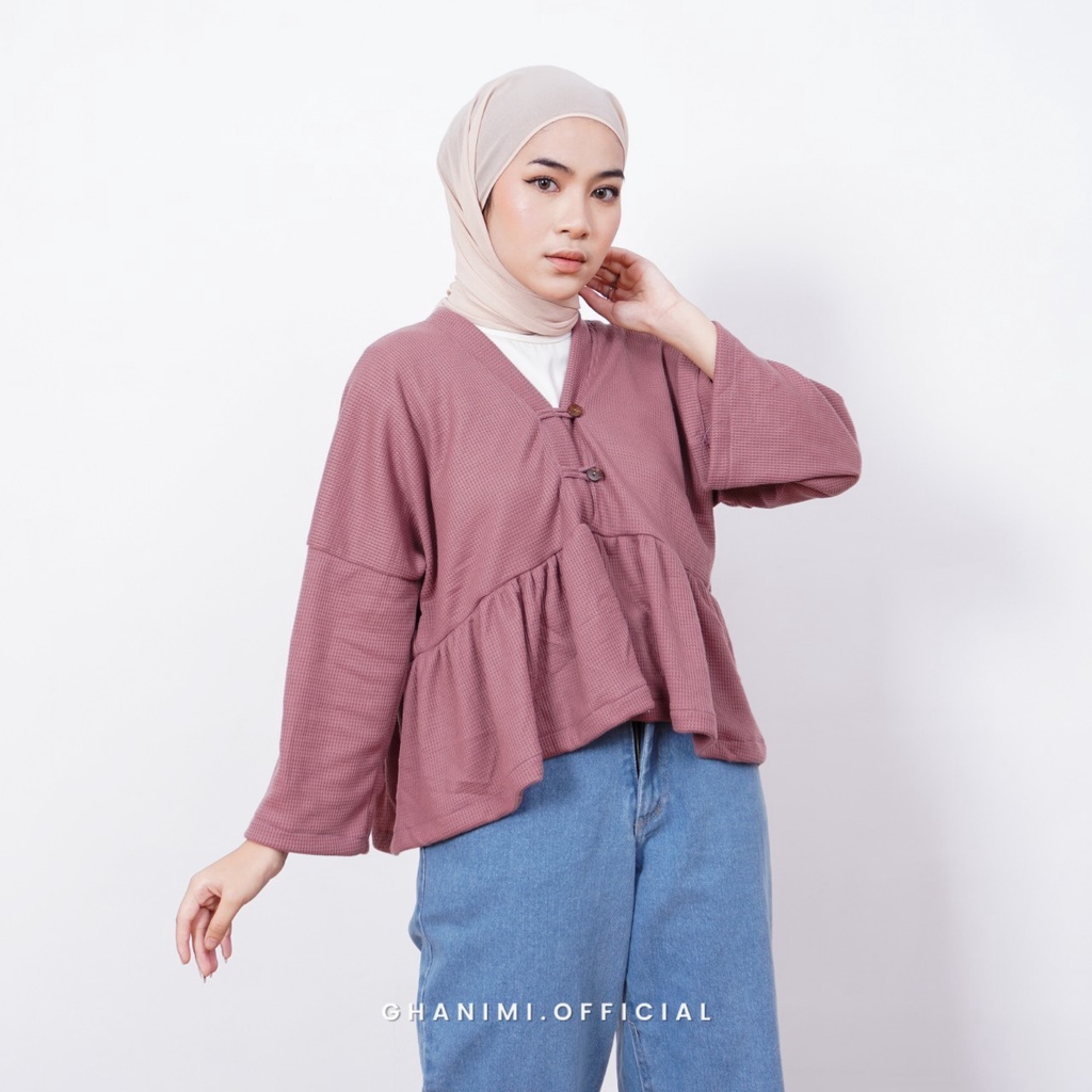 Ghanimi -  Venya Blouse / atasan Knit Polos / blus kancing shanghai knit waffle / blus lengan panjang / blus korean style / blus crop / crop top lengan panjang