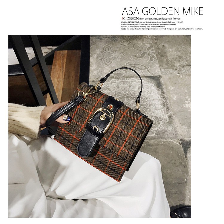 TM-52 tas wanita grid brown autumn warm tone kotak messenger bag selempang import korea jepang