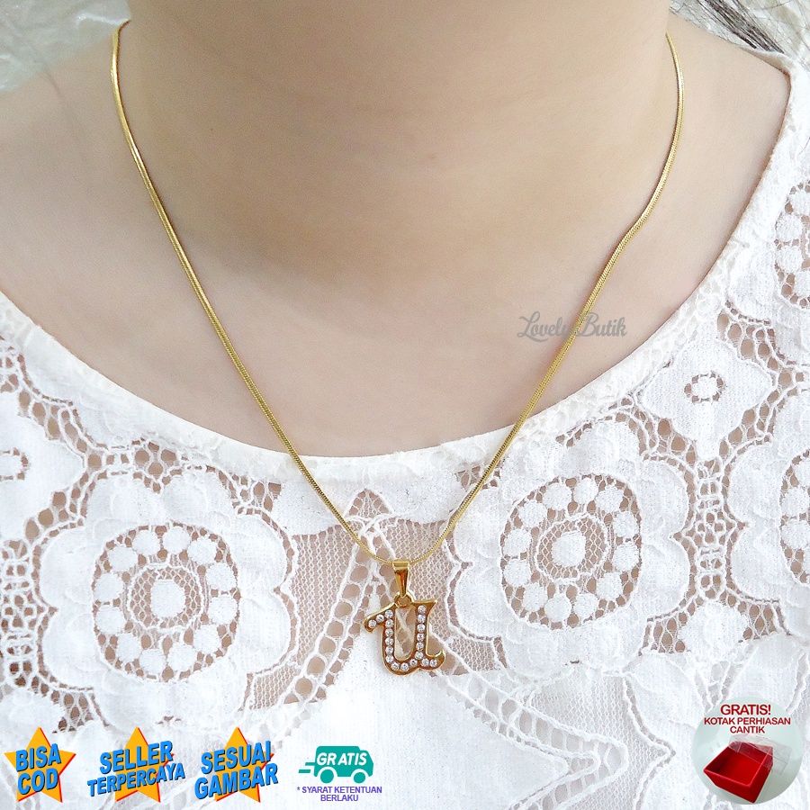 Lovelybutik Honey Kalung Huruf Titanium Anti Karat Inisial U Uk 45 cm BONUS KOTAK PERHIASAN