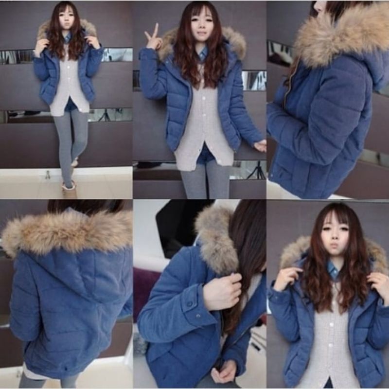 READY INDONESIA Women winter blue jacket coat jaket mantel wanita biru musim dingin ringan fur hoodi