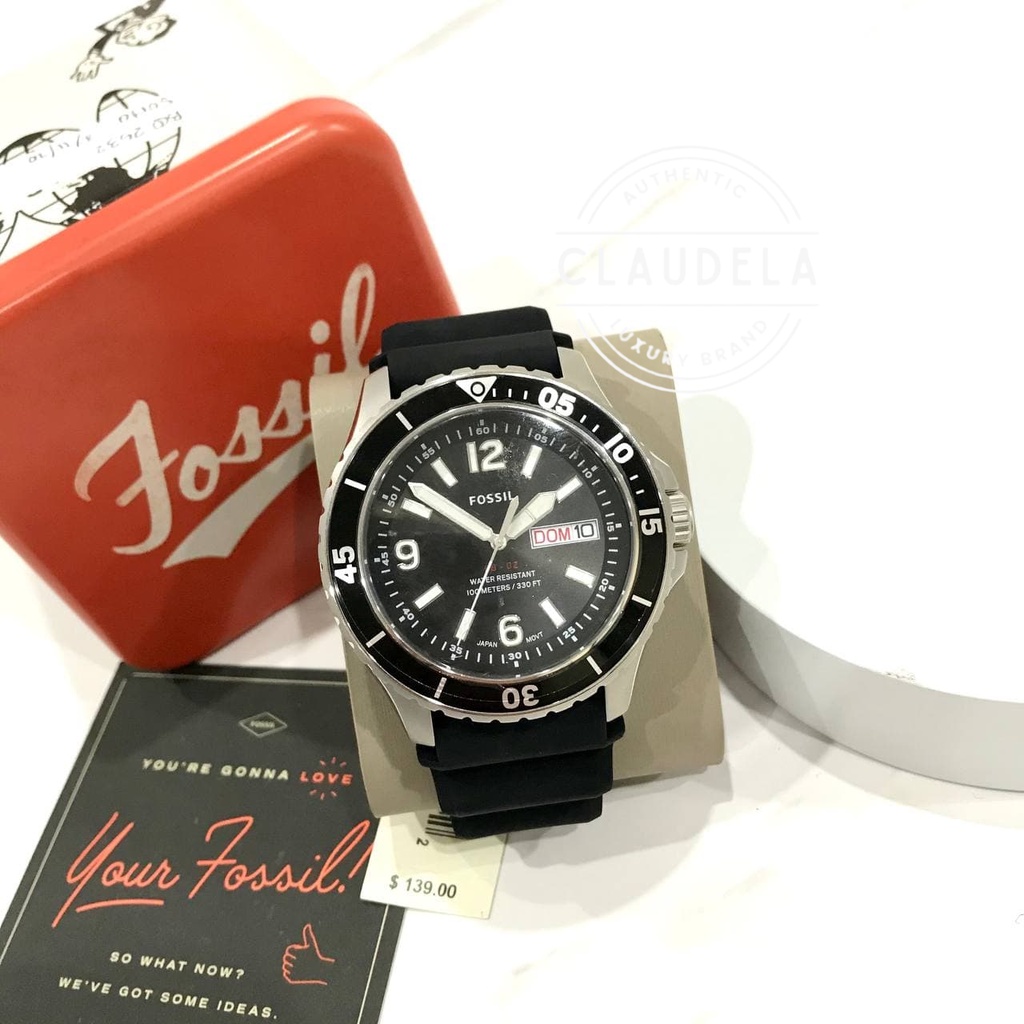 Fossil Original Jam Tangan Pria FS5689 FB-02 Three-Hand Date Black Silicone Men’s Watch cocok untuk 
