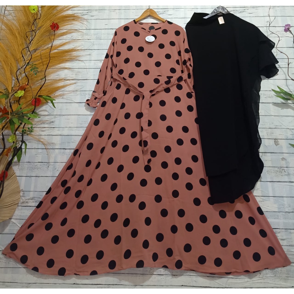 LANGSUNG KIRIM Gamis motif polkadot monalisa kerudung ceruty babydoll dua layer panjang / gamis terbaru polkadot