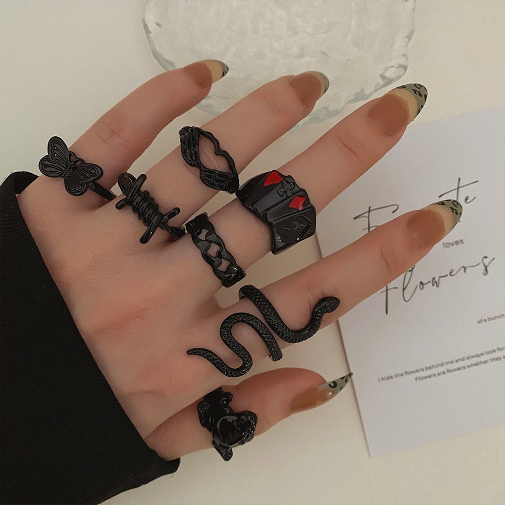 10pcs / set Cincin Warna Hitam Gaya simple Untuk Wanita