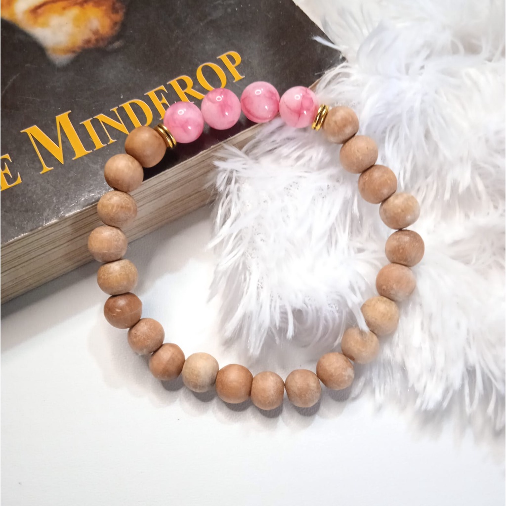 Gelang Batu Original Handmade Kayu Cendana Kombinasi Batu Alam Pink Burneo