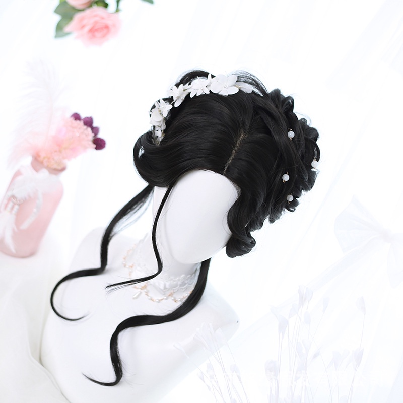 LOL-14 wig rambut palsu wanita princess wavy hitam kpop curly cosplay daily