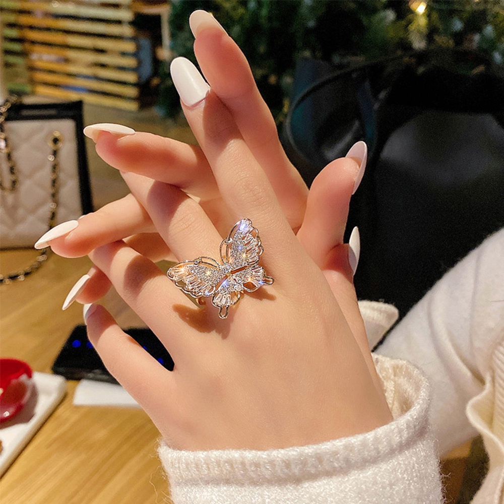 Cincin Jari Telunjuk Model Terbuka Desain Kupu-Kupu Bahan Tembaga Aksen Zirkon Warna-Warni Gaya Korea Untuk Wanita