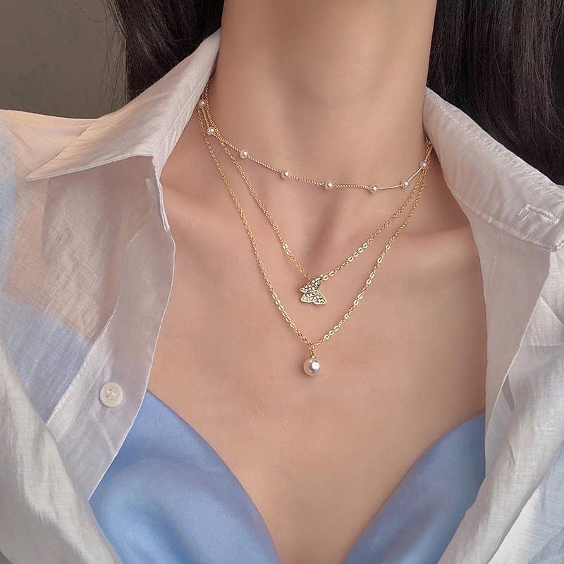 Kalung Choker Double Layer Bentuk Kupu-Kupu Aksen Mutiara Gaya Korea Untuk Wanita