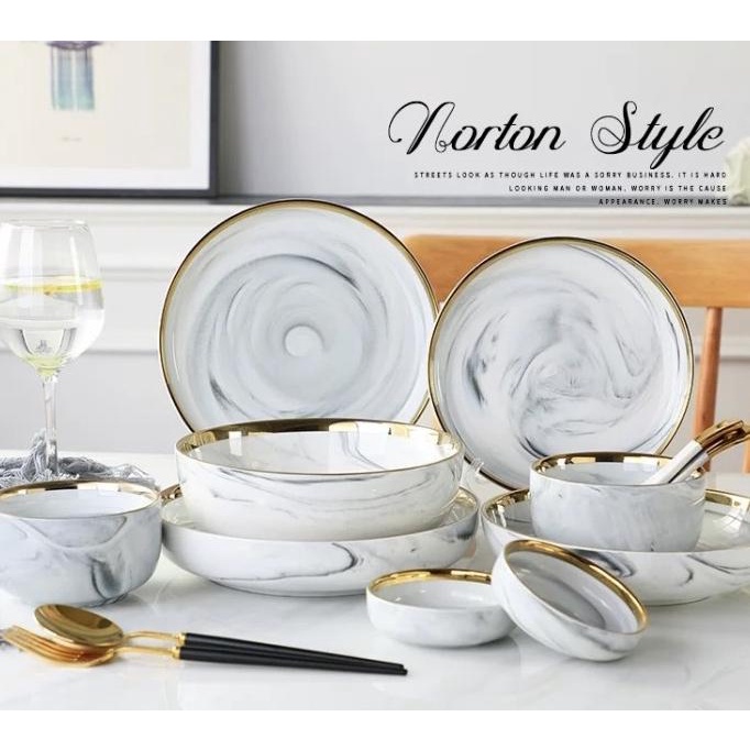 Piring Makan Marble Set / Piring Keramik Marble / Hampers Wedding Gift Paramochy