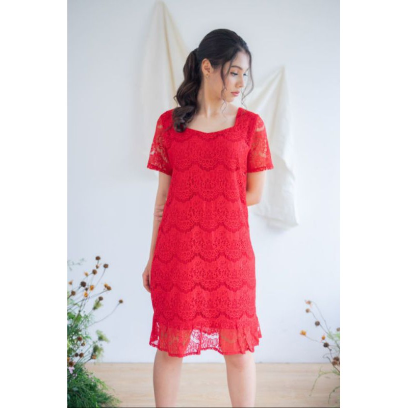 ⚡️ CLEARANCE SALE ♡ PREMIUM ♡ REAL PIC! RED ADAIRE BROCADE BOTTOM RUFFLE LACEY LOOSE DRESS