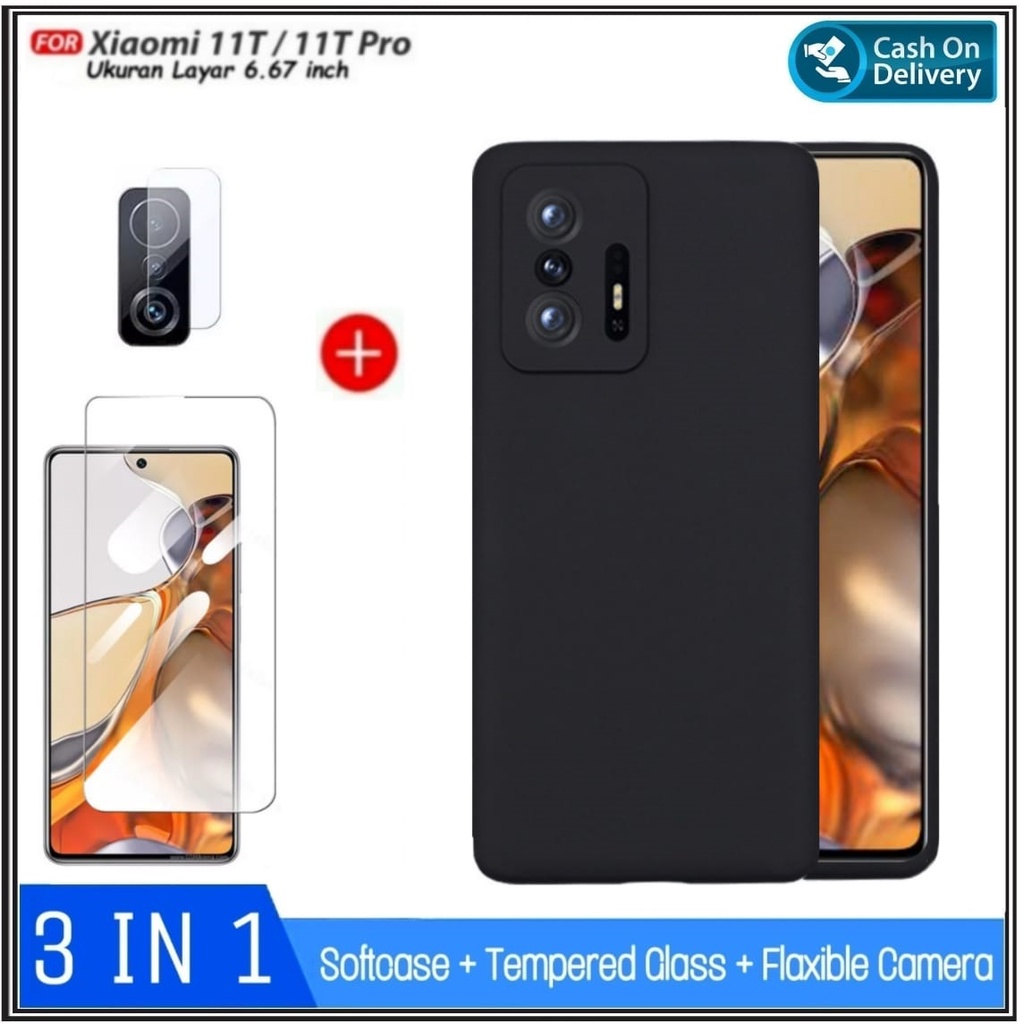 Case Xiaomi 11T / 11T Pro Softcase Black Matte Free Tempered Glass + Tempered Camera Belakang Handphone