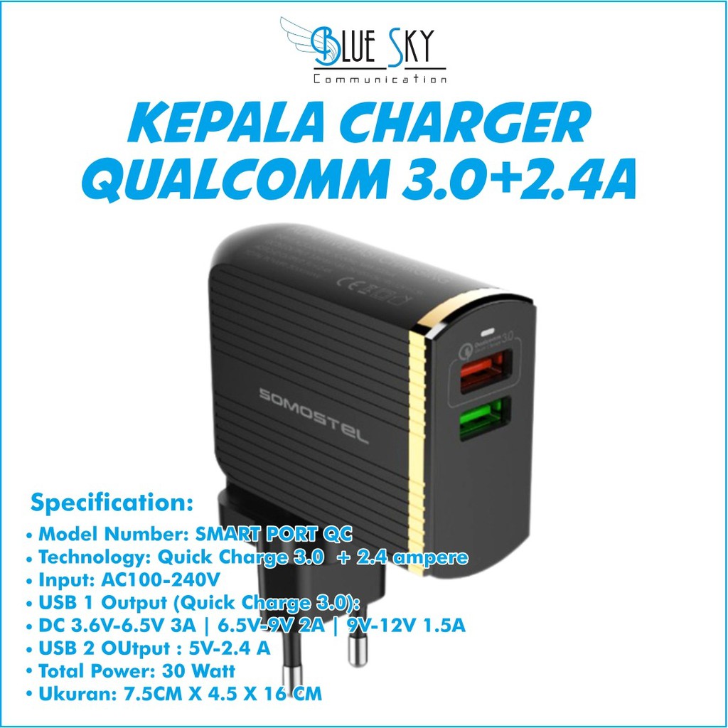 KEPALA CHARGER SOMOSTEL SMART PORT QC2 QC 3.0 2.4A QUALCOMM