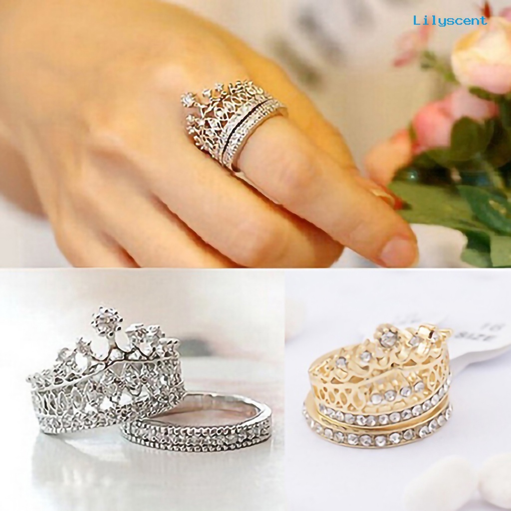 Ls 2Pcs / Set Cincin Kawin / Tunangan Motif Mahkota Aksen Berlian Imitasi Bahan Alloy Untuk Wanita