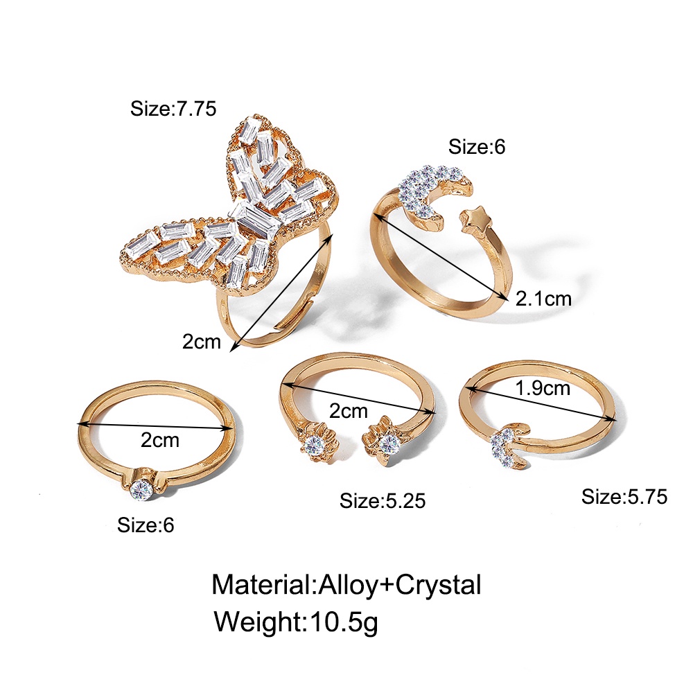 5pcs / Set Cincin Desain Kupu-Kupu Bulan Bintang Aksen Kristal Warna Emas Untuk Wanita