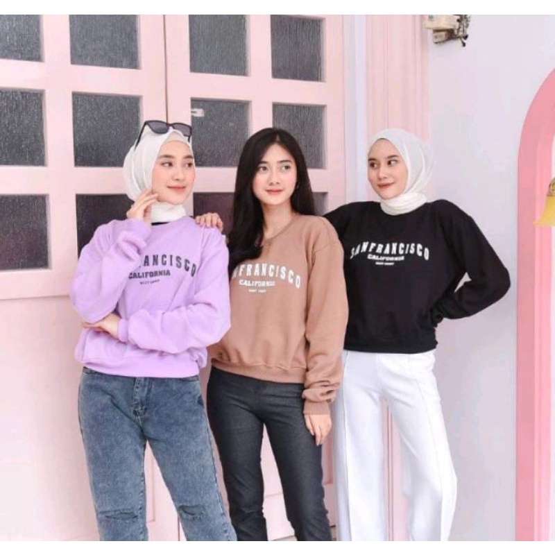 (COD) SWEATER WANITA SANFTANCISCO JAKET CROPE FLEECE TEBAL LILAC MURAH