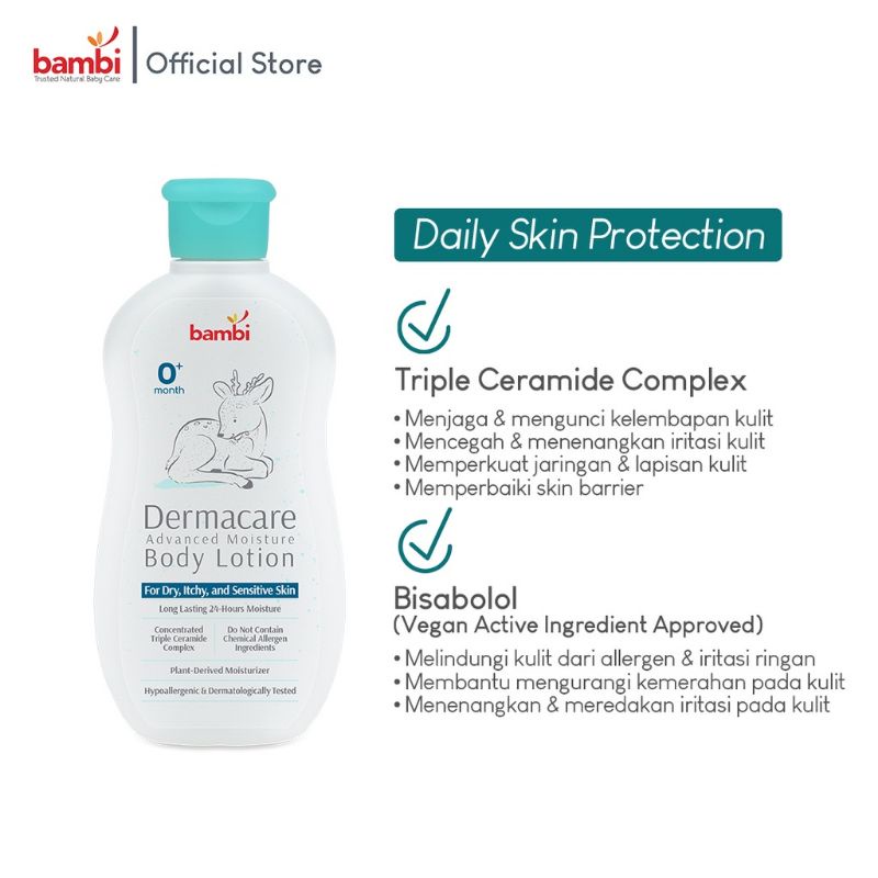 Bambi Baby Dermacare Advance Moisture Body Lotion 200ml - Bambi Derma Care Losion Bayi Kulit Sensitive - Cream Kulit Sensitif Bayi