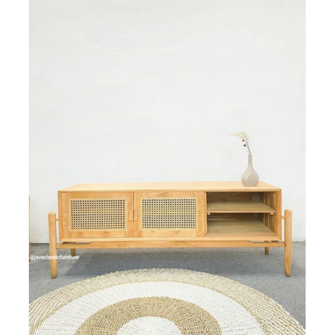 BUFET TV SLEDING SCANDINAVIA MINIMALIS RETRO CABINET PAJANGAN ROTAN DRAWER KAYU JATI GRADE A BERKUALITAS EXPORT MURAH FINISHING NATURAL BLEACHING FURNITURE JEPARA-1
