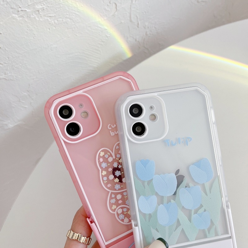 Casing iPhone 11 12 13 Pro MAX X XR XS MAX 7 8 Plus Motif Kelinci Tulip pink Dengan Stand