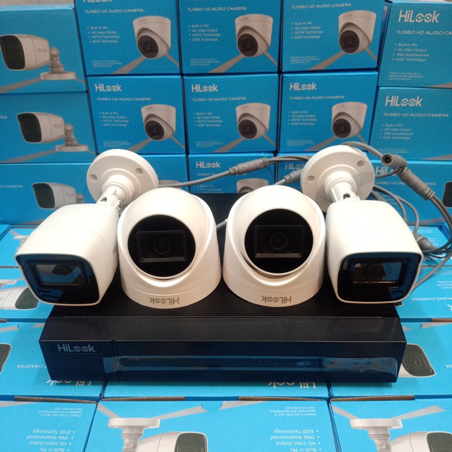 PAKET CCTV HILOOK 4CH 4 KAMERA 2MP BUILT IN AUDIO KOMPLIT TINGGAL PASANG