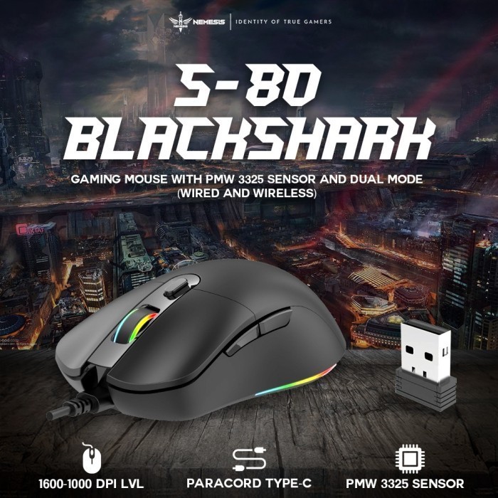 NYK S-80 Blackshark Wireless - Wired Gaming Mouse Garansi Resmi