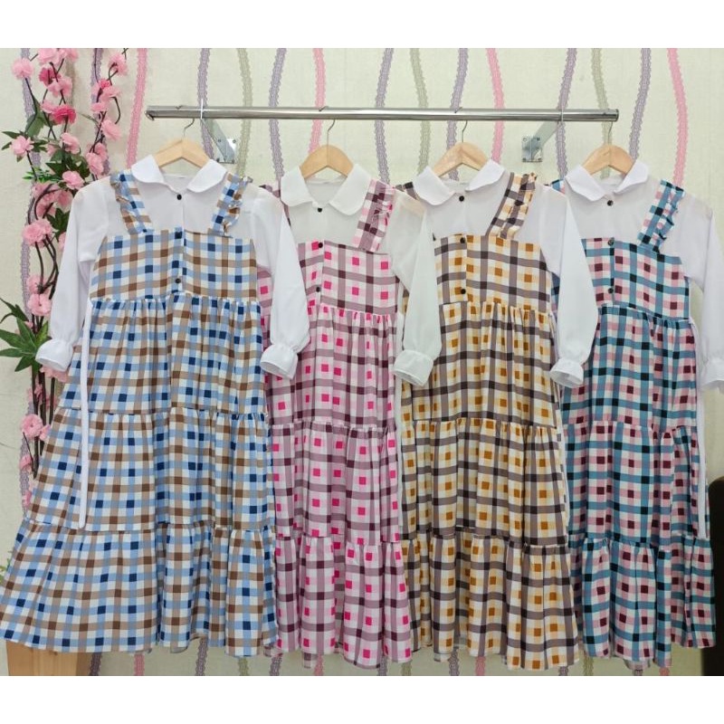 Gamis overall motif kotak set krudung