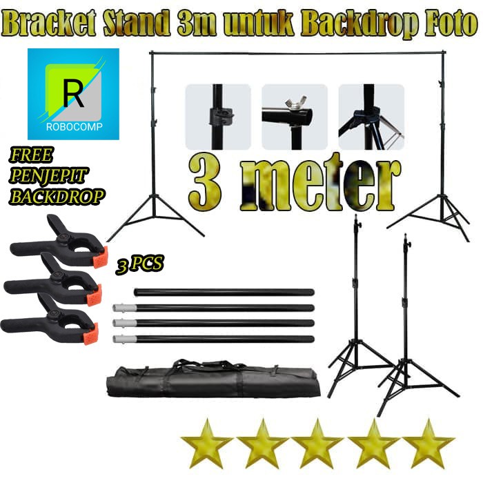 Tiang Bracket Stand 3m untuk Backdrop Foto Studio + Clip Penjepit 3pcs