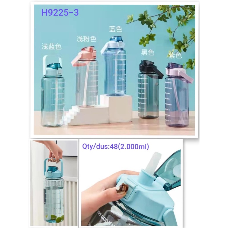 H9225-3 Botol Minum Viral Motivasi Bening 2 Liter 2000ml Penanda Waktu Korea Lucu