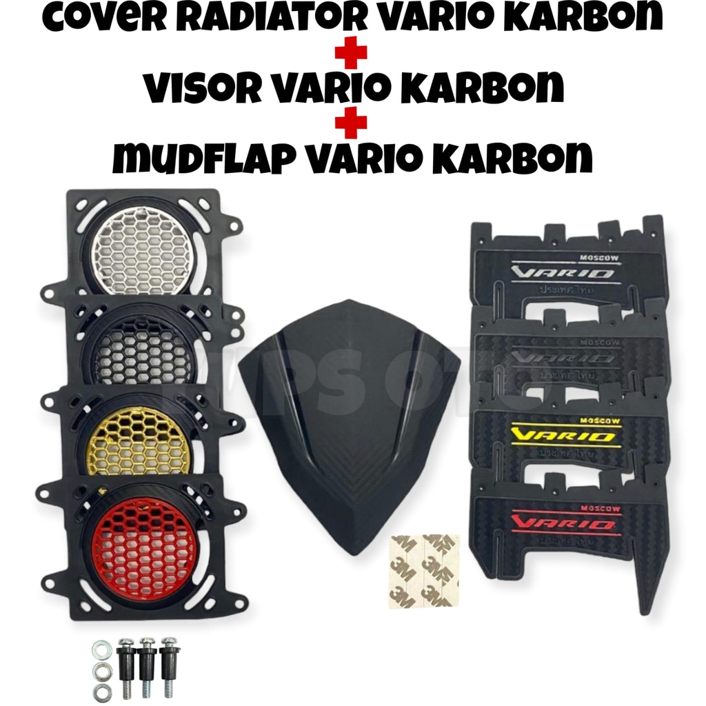 PAKET 3IN1 COVER RADIATOR VARIO 125 150 KARBON PLUS BAUT BOSH PNP + MUDFLAP VARIO CARBON MUD FLAP VARIO KARBON KARET LUMPUR + VISOR VARIO KARBON WINSIL CARBON WINDSHIELD VARIO MOSCOW PLUS DOUBLE TAPE