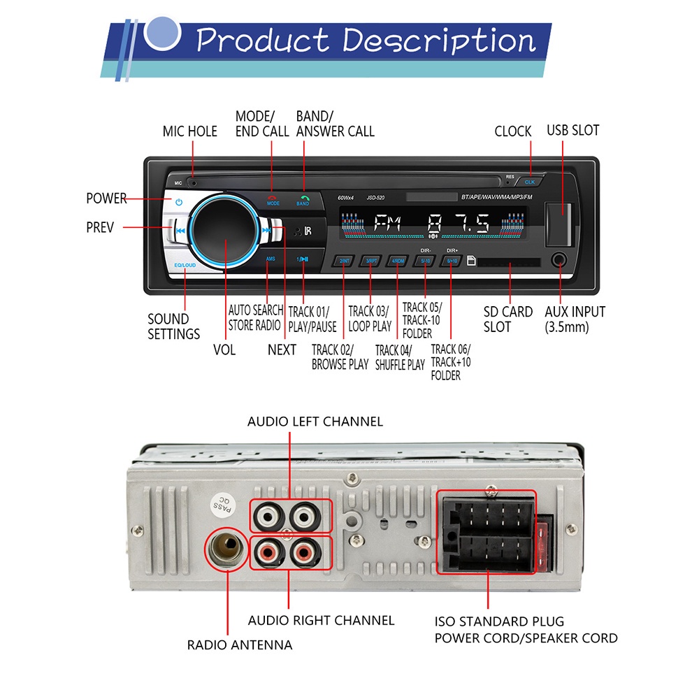 Tape Audio Radio Mobil Stereo Multifungsi Bluetooth  In-dash Radio USB MP3 FM Radio JSD-520