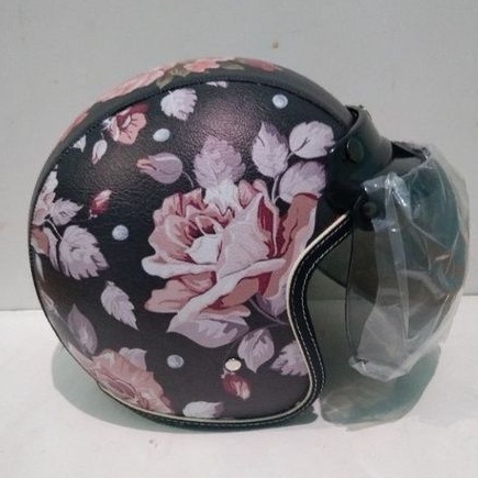 Helm Retro Dewasa Full kulit Print motif Bunga