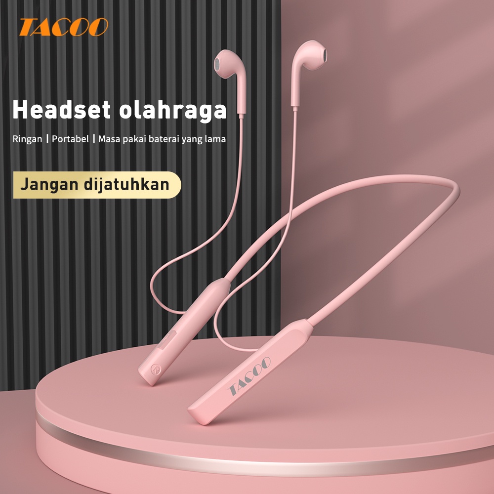 【NEW】TACOO Headset Sports Macaron Hanging Neck GB02 HiFi Stereo Bass Earphone Sport Pink